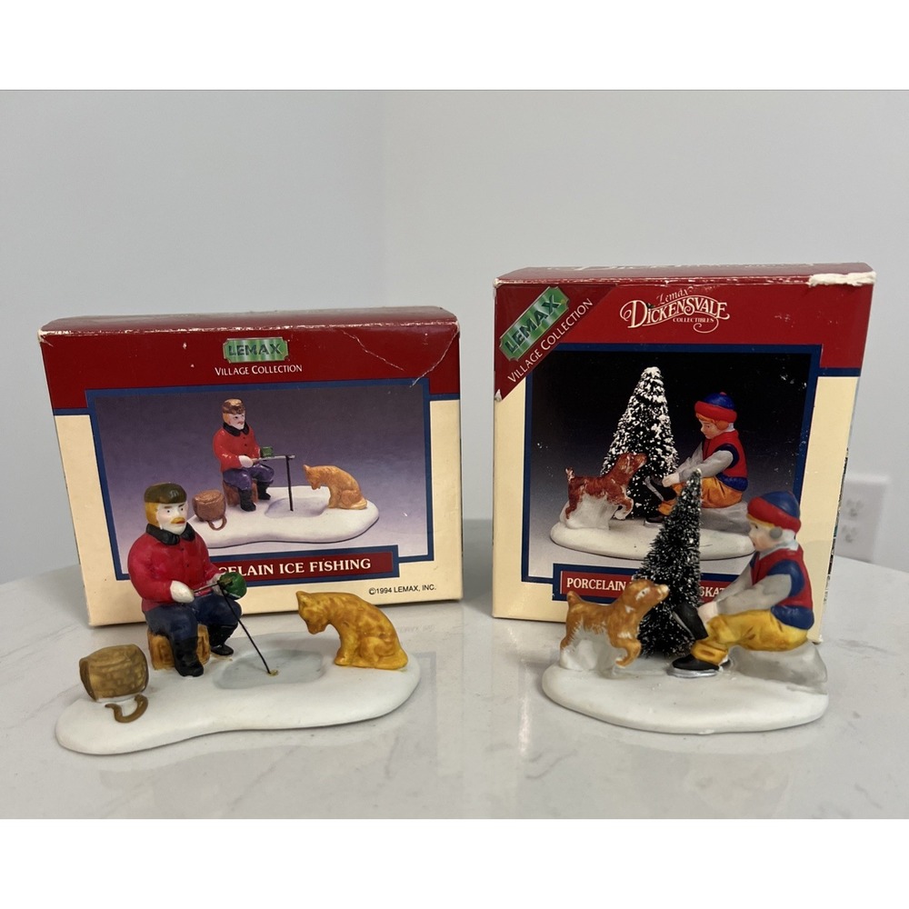 Lemax Christmas Village Figurines 2 Ice Fishing Putting On Skates Accessories